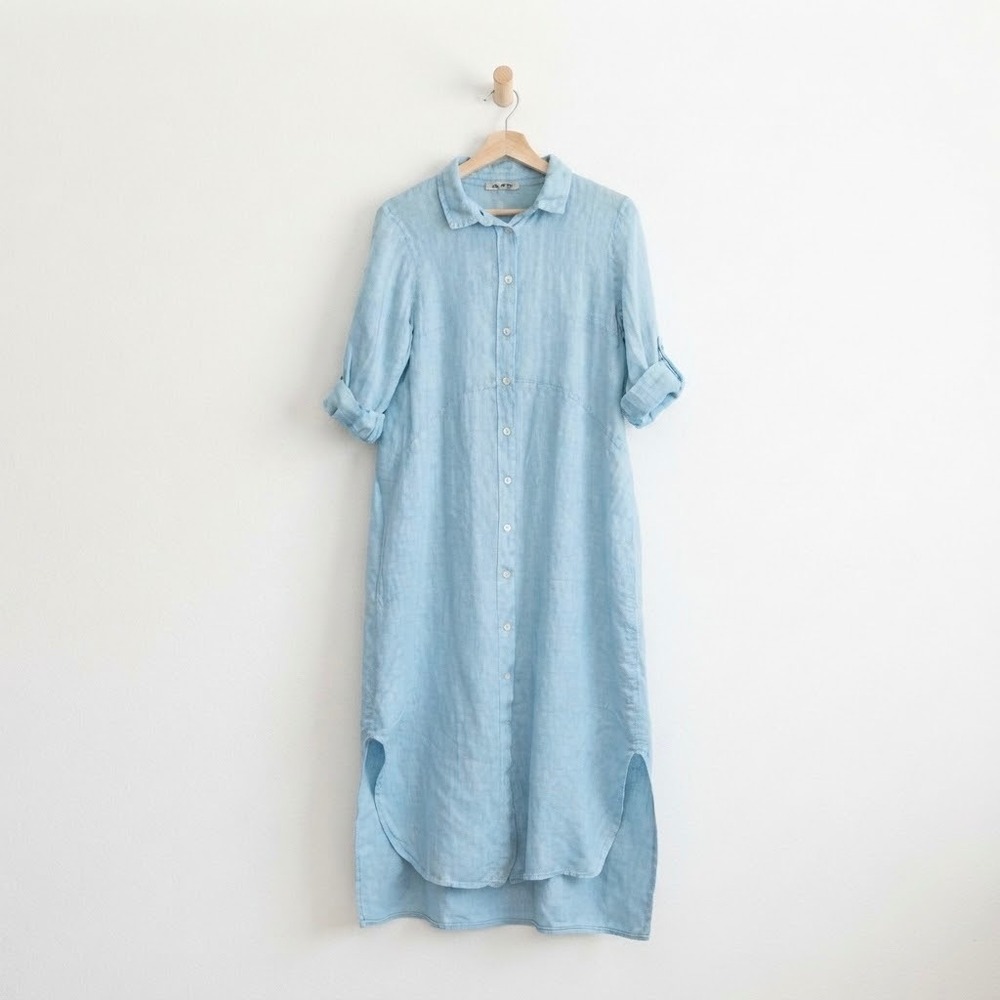 Meo Meli Italy Lagenlook Blue Linen Maxi Shirt Dress Coastal Beach S Minimalist
